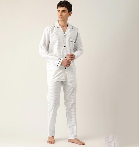 Men White & Black Printed Pure Cotton Night suit